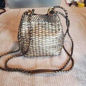 L.J.S Collection Woven Metallic Leather Bucket Bag Gold Silver Bronze Crossbody